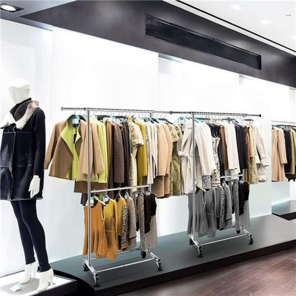 Double Rod Clothing Garment Rack, Rolling Clothes Organizer on Wheels, Chrome - Picture 6 of 6